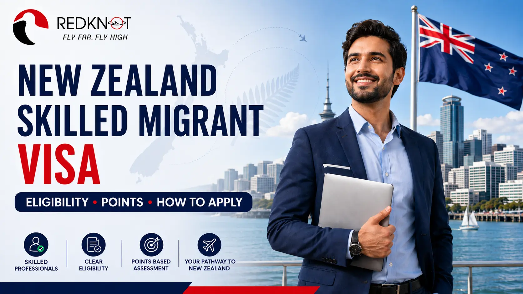 New Zealand Skilled Migrant Visa eligibility, points and application guide by RedKnot, featuring an Auckland skyline, New Zealand flag and skilled professional.